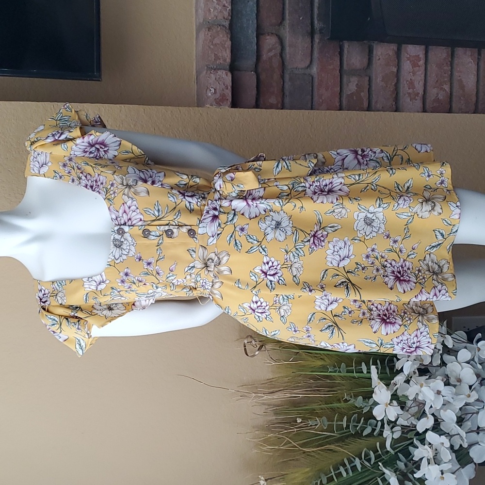 🆕️ XHILARATION Yellow Floral Self-Tie Waist Flutter Sleeve Dress SIZE: XS